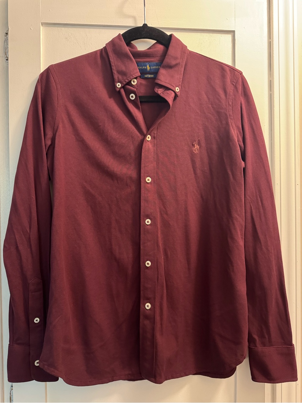 Ralph Lauren Women’s L Knit Oxford Button Down Shirt Burgundy Pony Logo